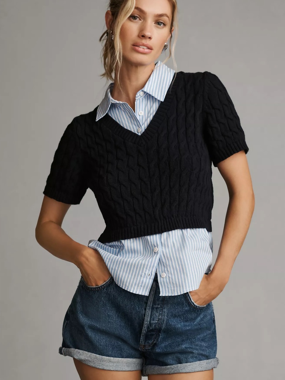 Maeve Anthropologie NWT Blue Striped Cable Short Sleeve Twofer Sweater Top M